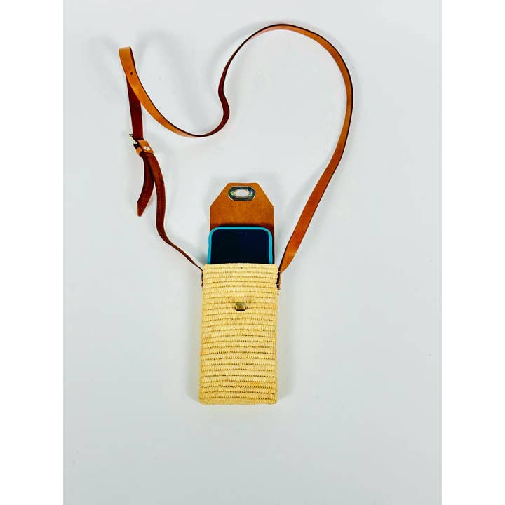 Handmade Raffia Phone Case with Leather Strap for wholesale by Mikwi