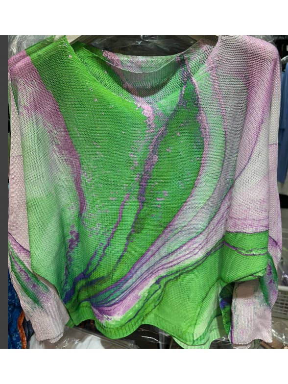 LOOWIE - Wholesale Knit Sweater - Women's - C1008 Tie-dye Green Round Knit Long Sleeves Sweater