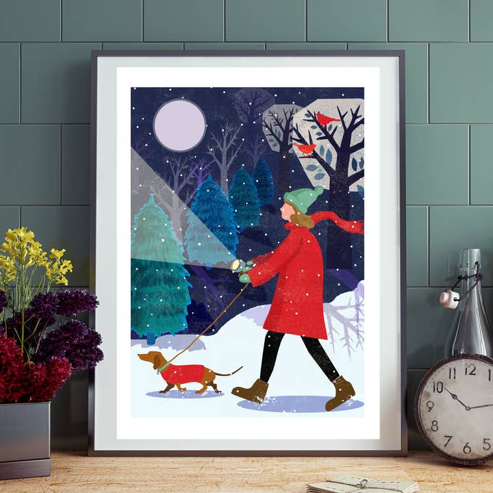 Winter Dachshund Evening Walk Print for wholesale by Rocket 68
