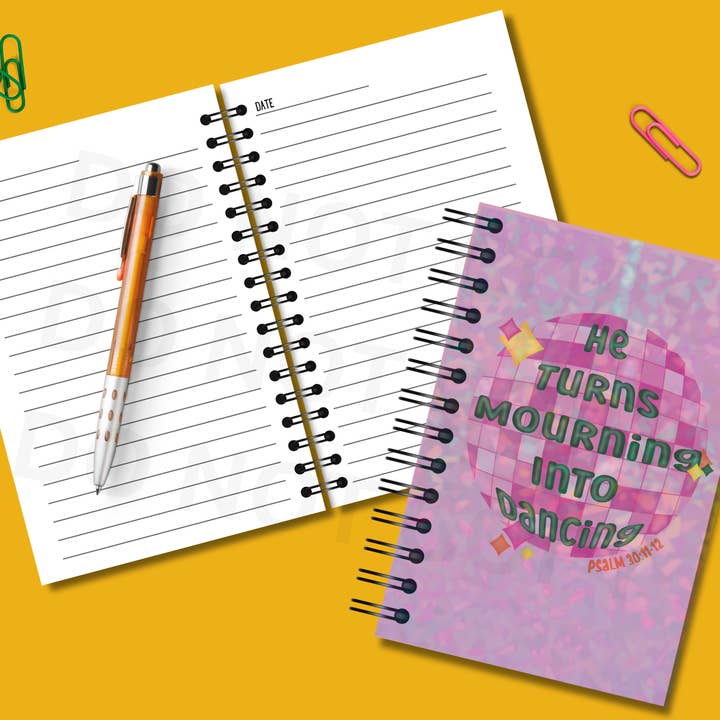 He Turns Mourning Into Dancing (Holographic Cover) Wire Bound Journal for wholesale by Bright Soul Print Co.