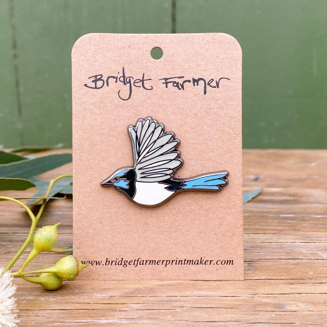 Bridget Farmer Printmaker - Wholesale Lapel pin/button - Superb Fairywren In Flight - Enamel Pin1