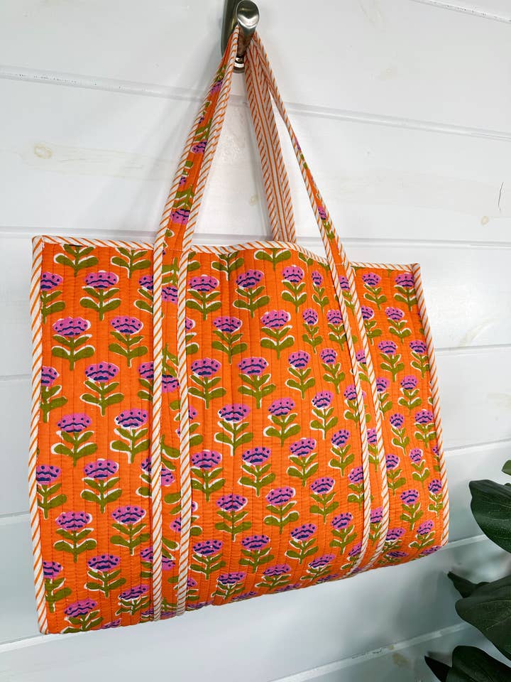 Sac Cabas Matelassé | Sac Floral Orange | Grand Sac de Courses pour la vente par Folklore Couture