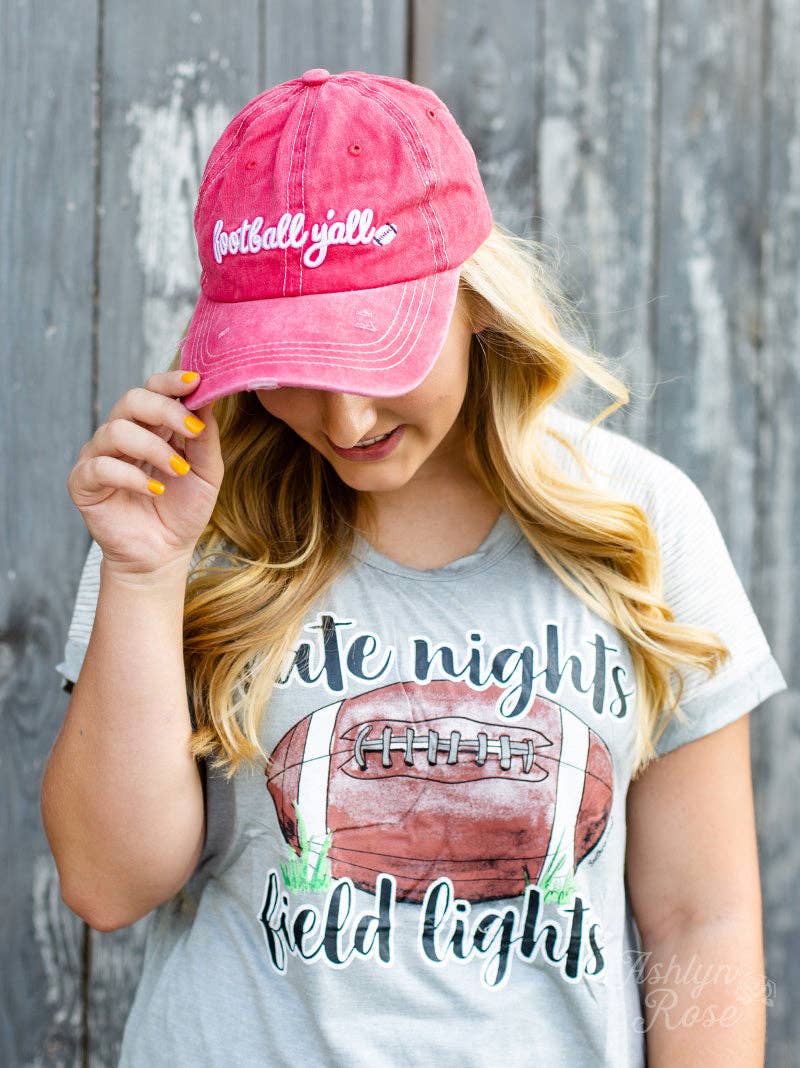 White Football Y'all Embroidery on Bright Red Hat for wholesale on Faire1