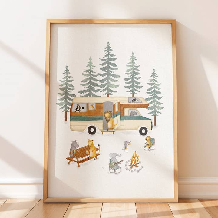 Impresión artística de camping de animales en autocaravana retro para venta al por mayor de Urchin Bay