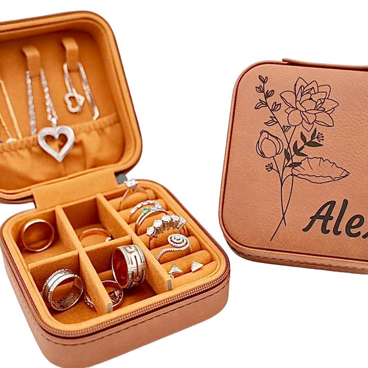 American Leather Goods - Wholesale Jewelry Box/Organizer - Leather Jewelry Case Birth Month Flower Engraved Jewelry Box4