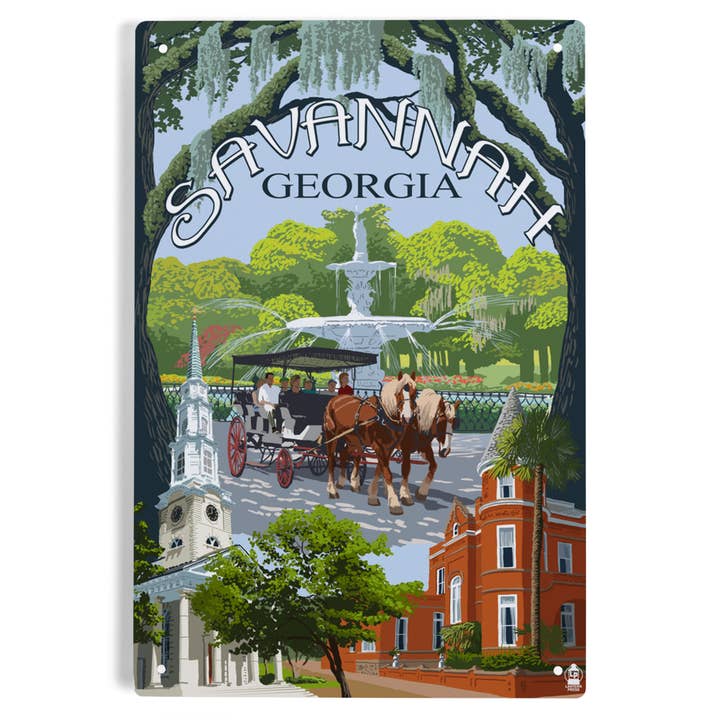 LETRERO DE METAL ART Savannah, Georgia, vistas a la ciudad para venta al por mayor de Lantern Press