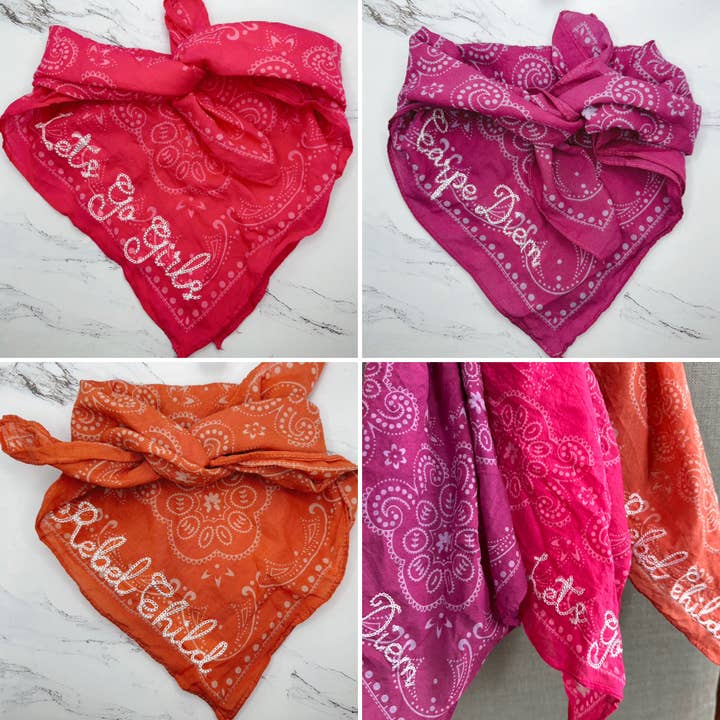 Little Lamb Designs - Wholesale Bandana - Women's - Pink/Purple/Orange Bandana w/ Embroidered Chainstitch Text