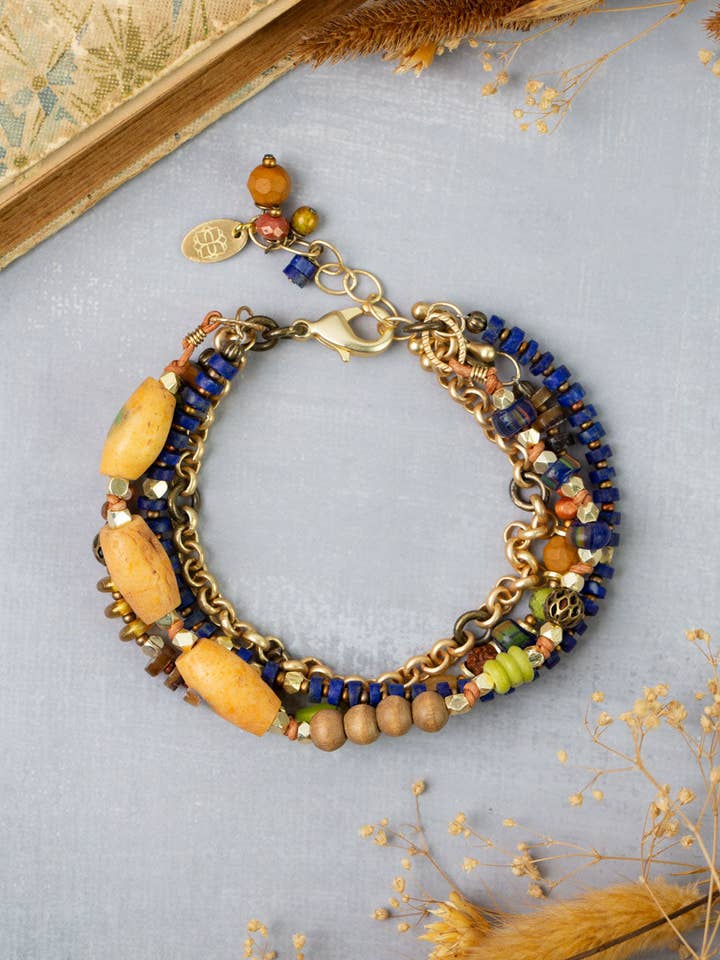 Azulejo 7,5-8,5" Tsjechisch Glas, Lapis, Gele Turkoois Multistrand Armbanden voor wholesale door Anne Vaughan Designs Jewelry