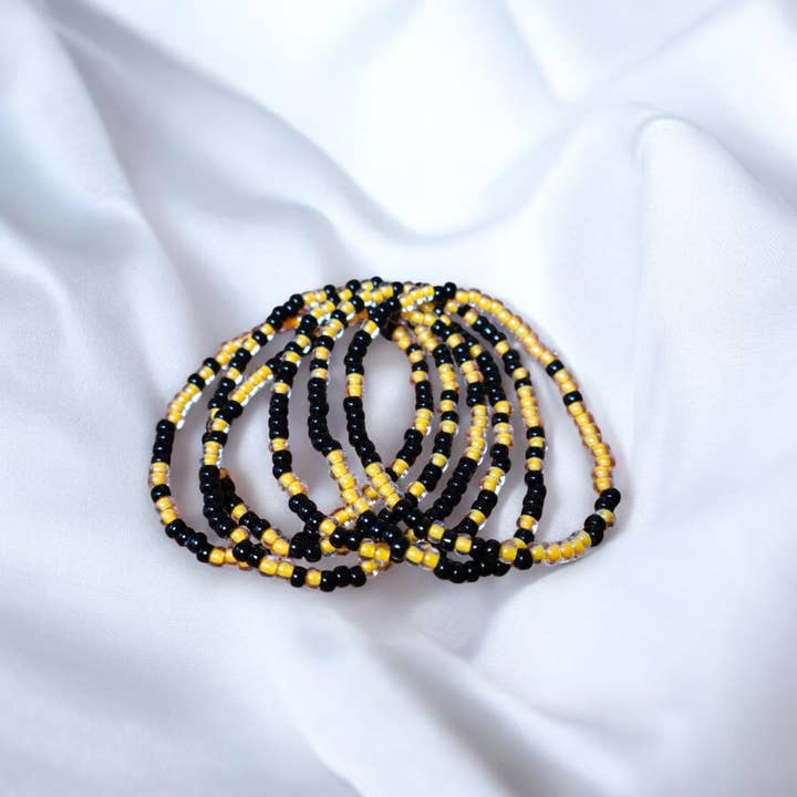 Fish Towne Designs, LLC - Wholesale Beaded Bracelet - Black & Gold Beaded Game Day Seed Bead Bracelet Stack3
