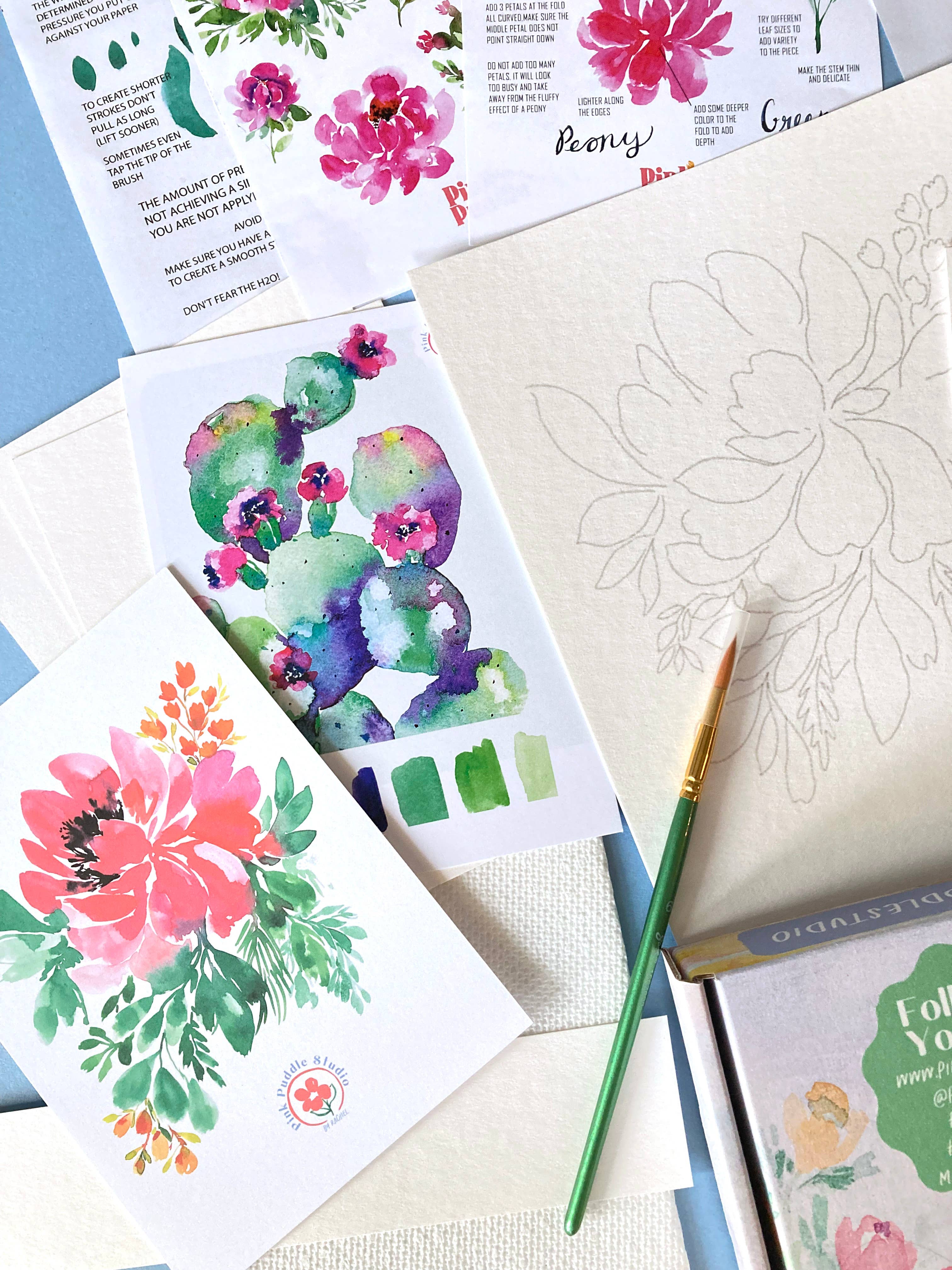 Pink Puddle Studio - Wholesale DIY Craft Kit - Prickly Pear Cactus & Peony Flowers Watercolor DIY Paint Kit8