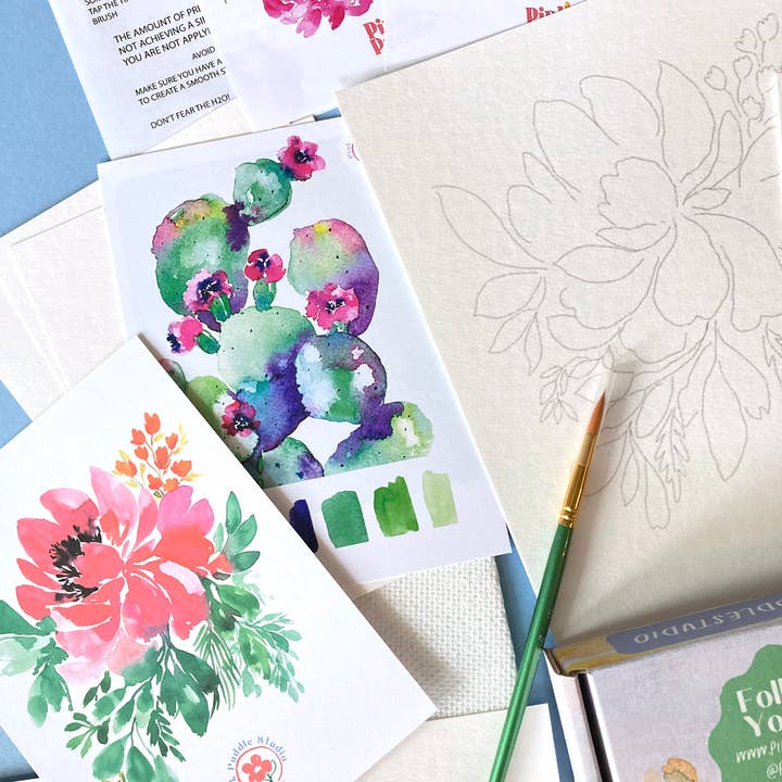 Pink Puddle Studio - Wholesale DIY Craft Kit - Prickly Pear Cactus & Peony Flowers Watercolor DIY Paint Kit8