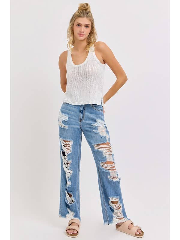 Medium Denim 97303ND-Destroyed High Waisted Raw Hem Cut Out Jeans for wholesale on Faire4