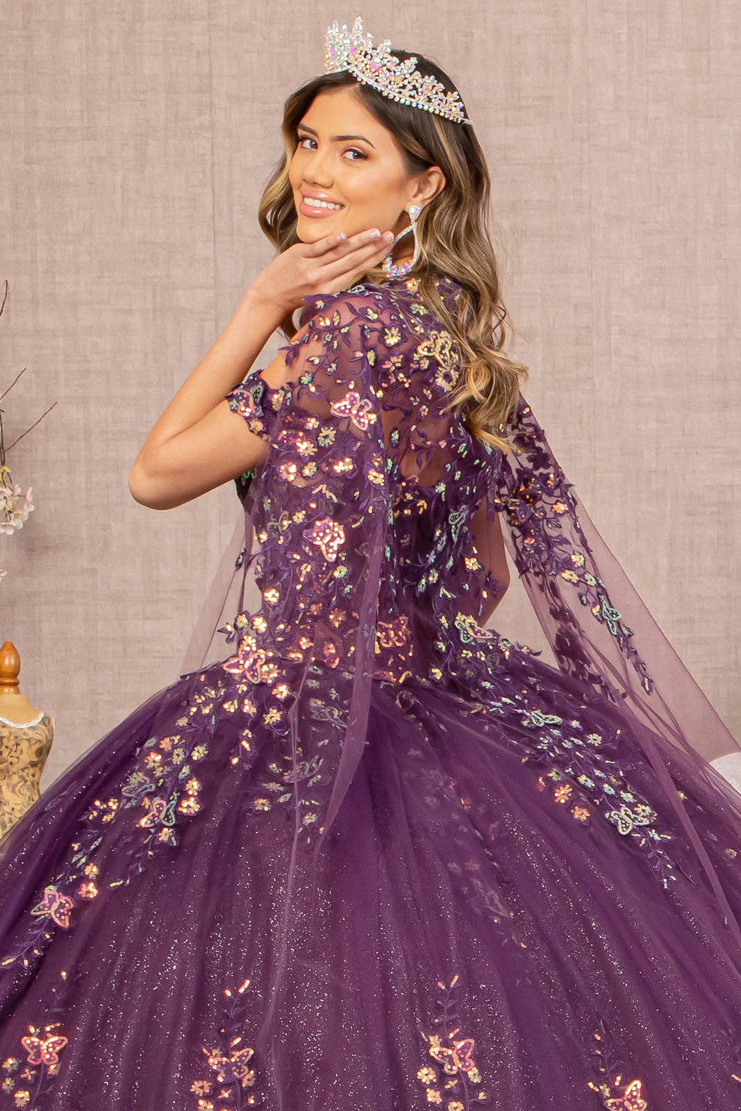 PURPLE 3D Butterfly Sheer Bodice w/ Long Mesh Cape Quinceanera Dress GLGL3171 for wholesale on Faire4