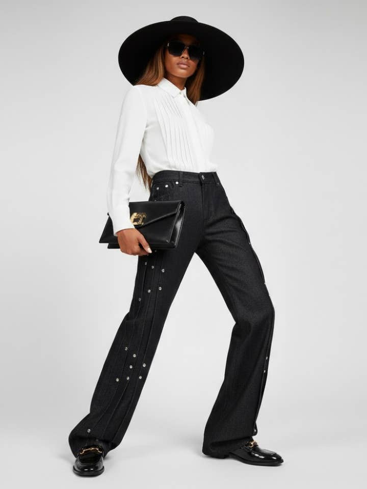 Elegant Wide-Leg Denim Trousers with Paneling and Stud Details • BYMANYC ® New York for wholesale by BYMANYC NEW YORK