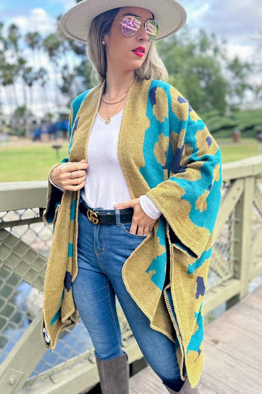 Teal Leopard Printed Knitted Cozy Cardigan for wholesale on Faire4