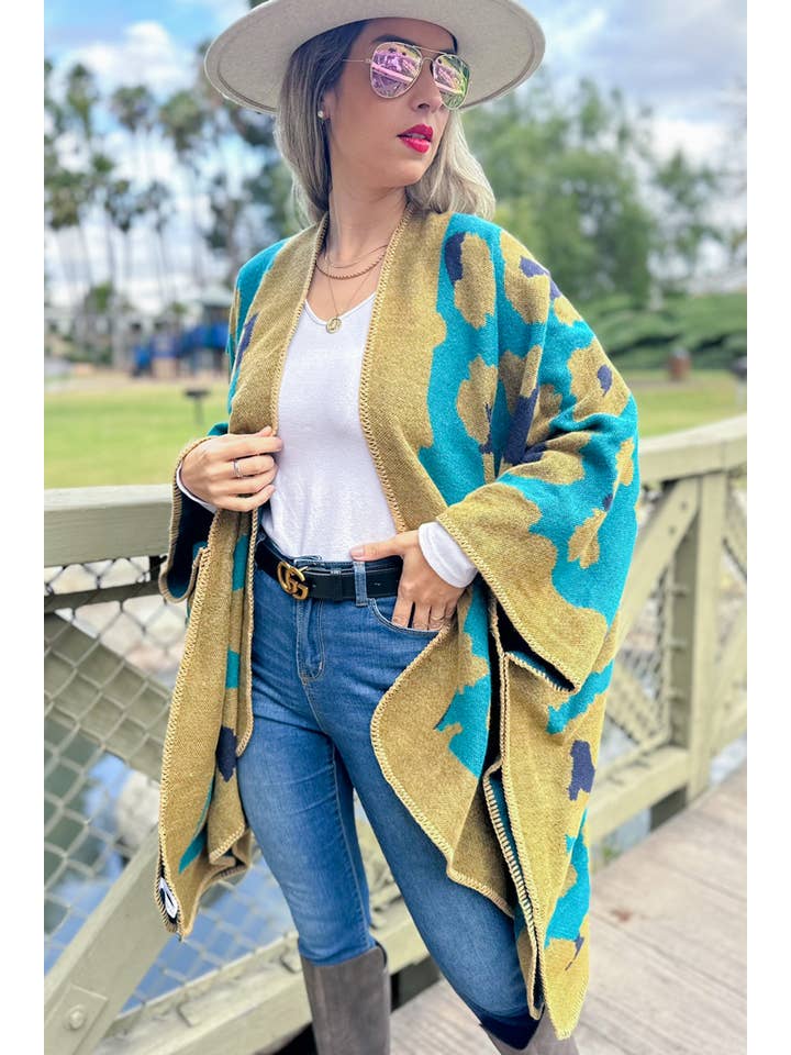 Teal Leopard Printed Knitted Cozy Cardigan for wholesale on Faire4