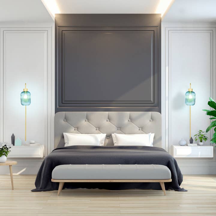 32"H Davia Modern Indoor Blue Globe Plug In Wall Sconce for wholesale by River of Goods