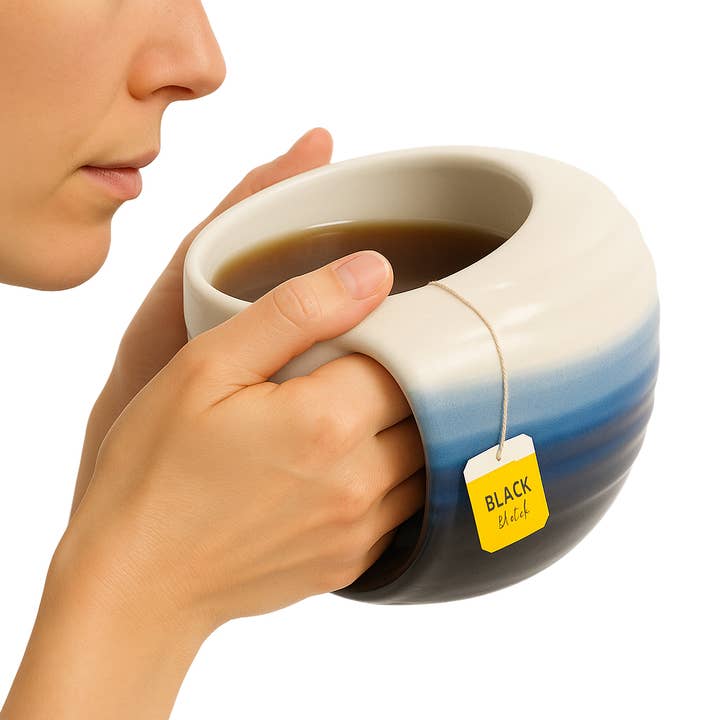 The Wine Savant / Khen Glassware - Wholesale Coffee Mug - Double Hand Warmer Mug, Handmade Pottery - Ocean Blue