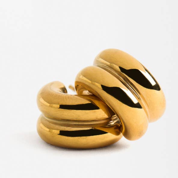 HoopLa - Wholesale Hoop Earrings - Puffy Double Hoop Earring- steel Gold HuggieÂ
