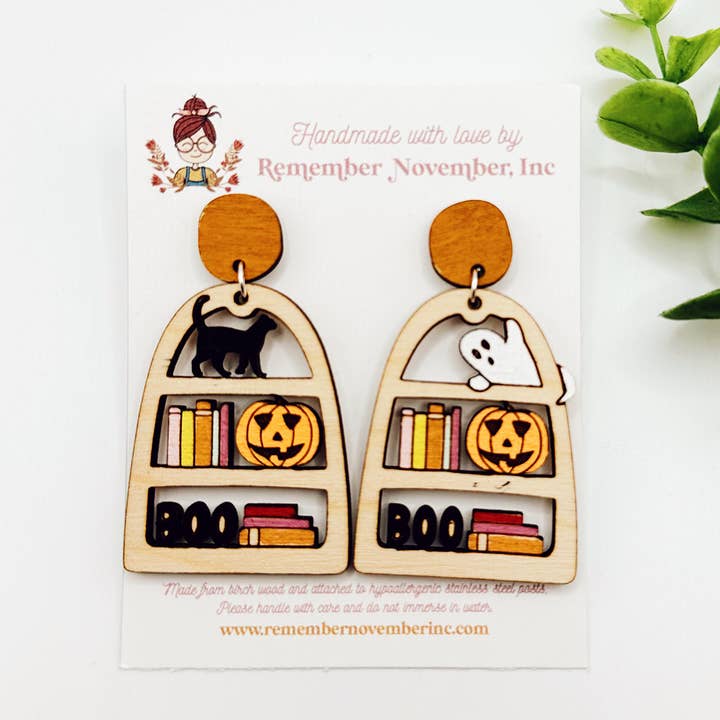 Halloween Bookshelf Earrings, Birch Wood for wholesale by Remember November, Inc
