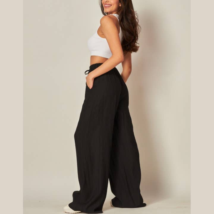 WILD LILAC - Wholesale Pants - Women's - Tie Waist Linen Blend Wide Leg Pants