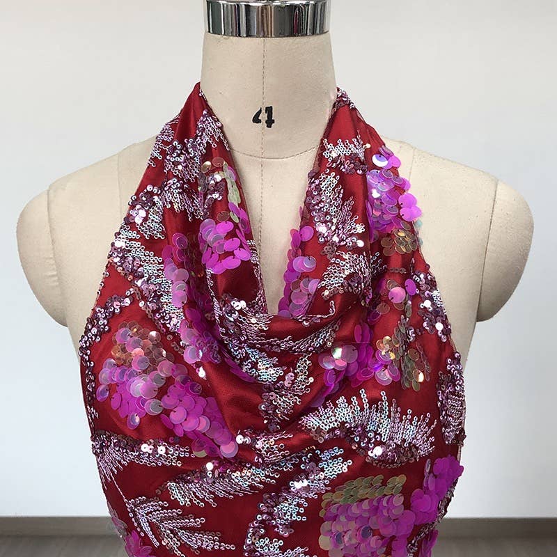 Color as pictures DR546 Vibrant Sequin Floral Embroidered Mesh Halter Dress for wholesale on Faire8