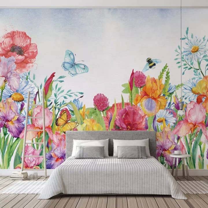 Watercolor Daisy Poppy Flower Boho Bohemian Wallpaper Mural for wholesale by GK Home Decor