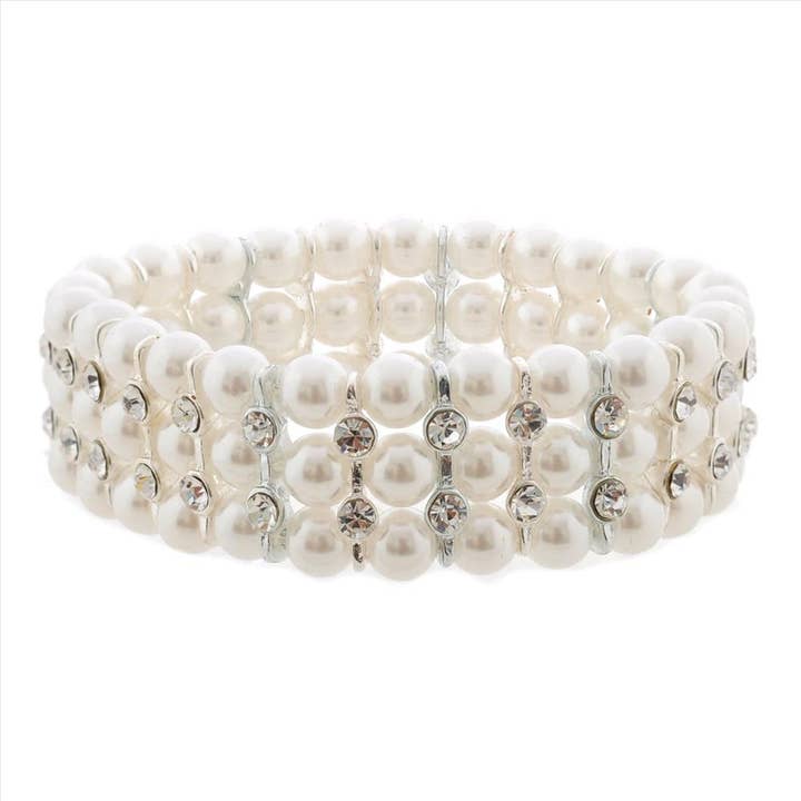 (10476-100) Silver White Pearl 3 Line Bracelet for wholesale by Cool Crystals