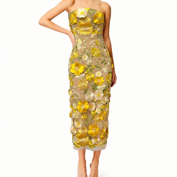 Productseeker - Wholesale Gown - Women's - DR0122 3D Floral Embroidered Slim Strapless Midi Dress2