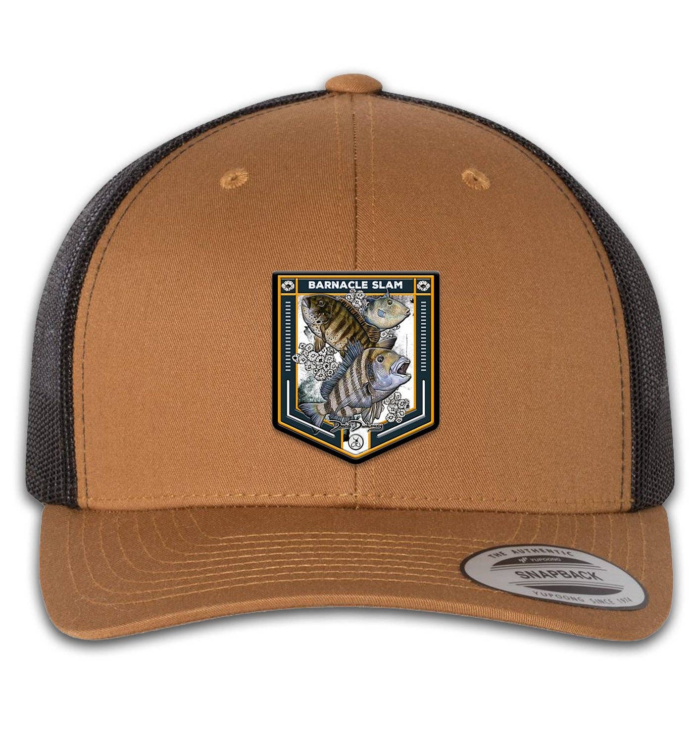 Barnacle Slam 6 Panel Trucker Snap Back Hat Caramel Black for wholesale on Faire