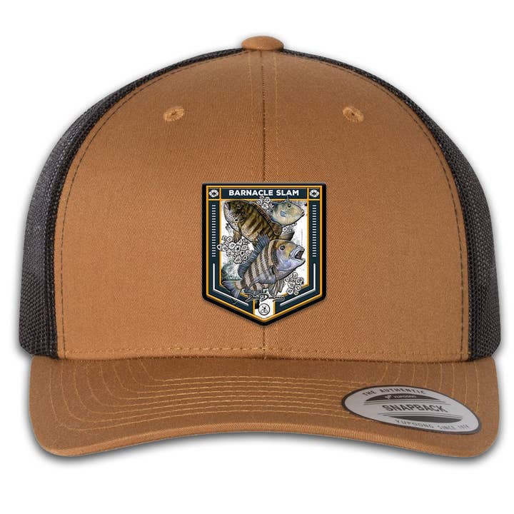 Barnacle Slam 6 Panel Trucker Snap Back Hat Caramel Black for wholesale on Faire0