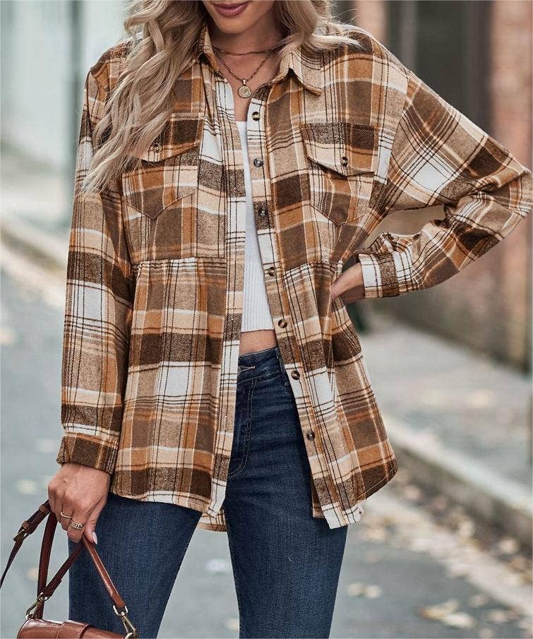 Rosa Clothing - Wholesale Button Down Shirt - Women's - Pocket long-sleeve plaid shirt jacket3