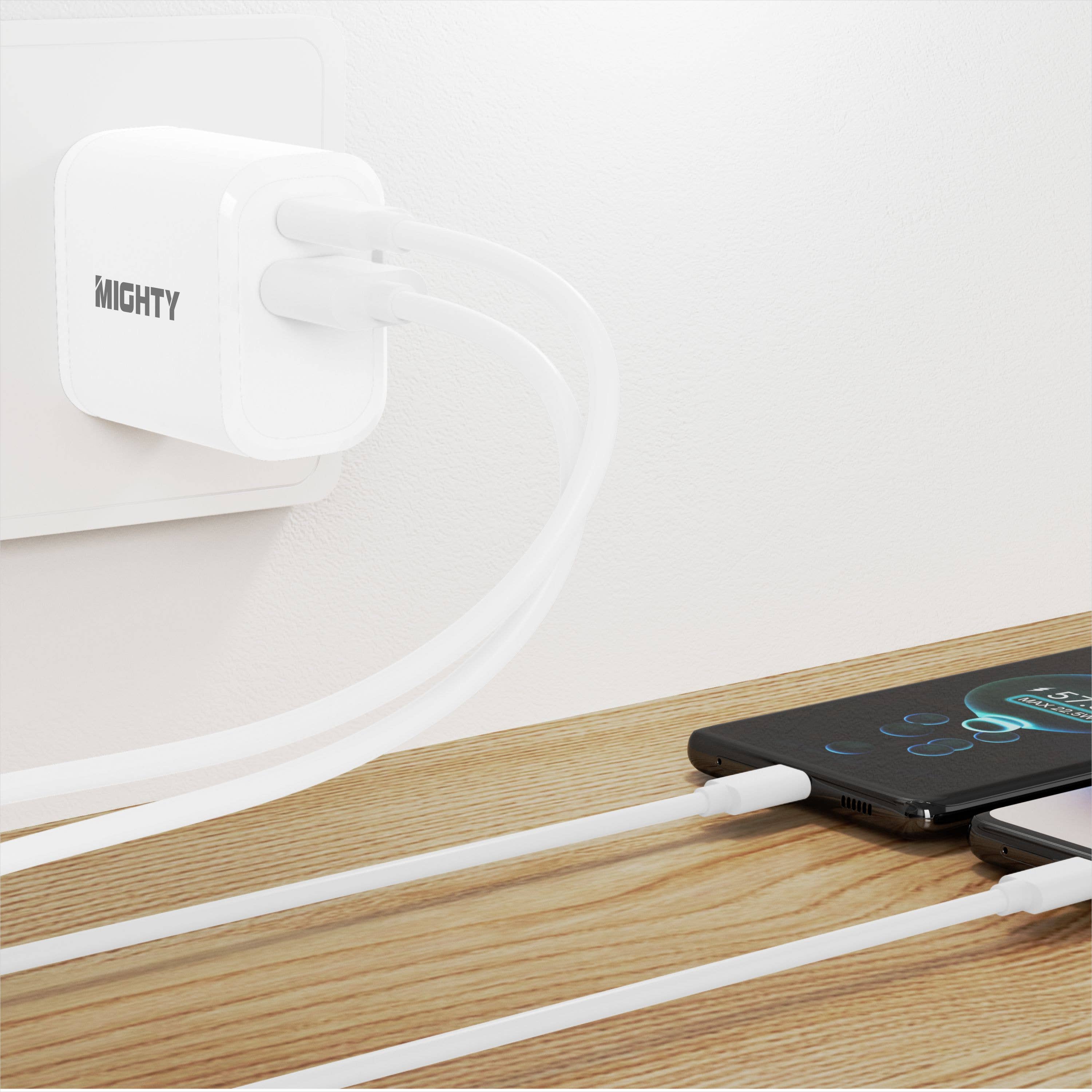 Mighty Wireless – wholesale Strömadapter – Kraftfull 18W väggladdare med PD och USB-portar vit MK101