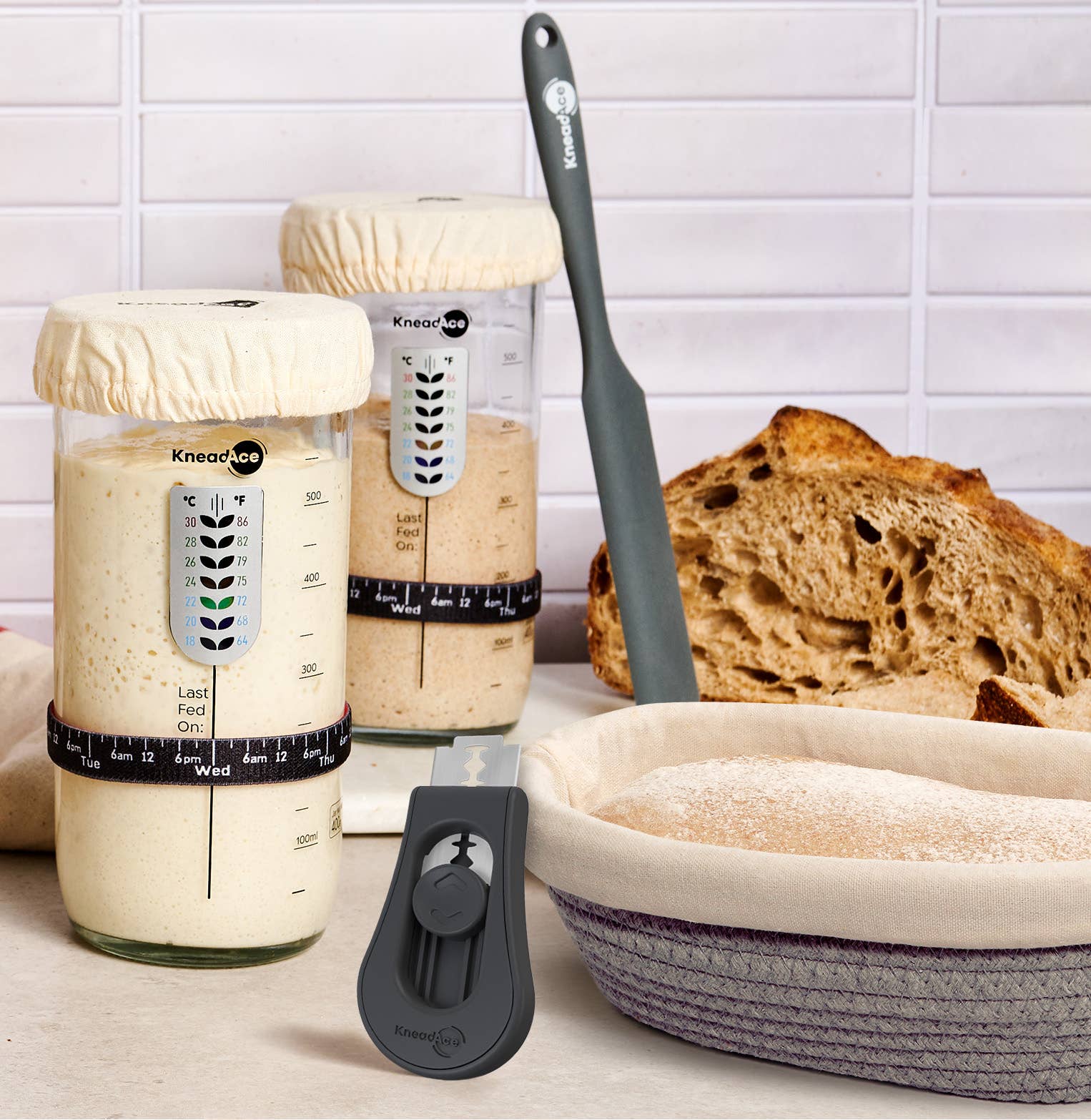 KneadAce - Wholesale Kitchen Tool/Gadget - KneadAce Sourdough Kit: 24oz Jar, 2xOval Baskets, Bread Lame10