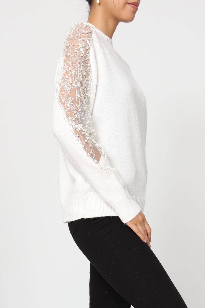 DIX-ONZE - Wholesale Knit Sweater - Women's - Soft Knit Sweater – Sequin & Pearl Details on Sleeves9