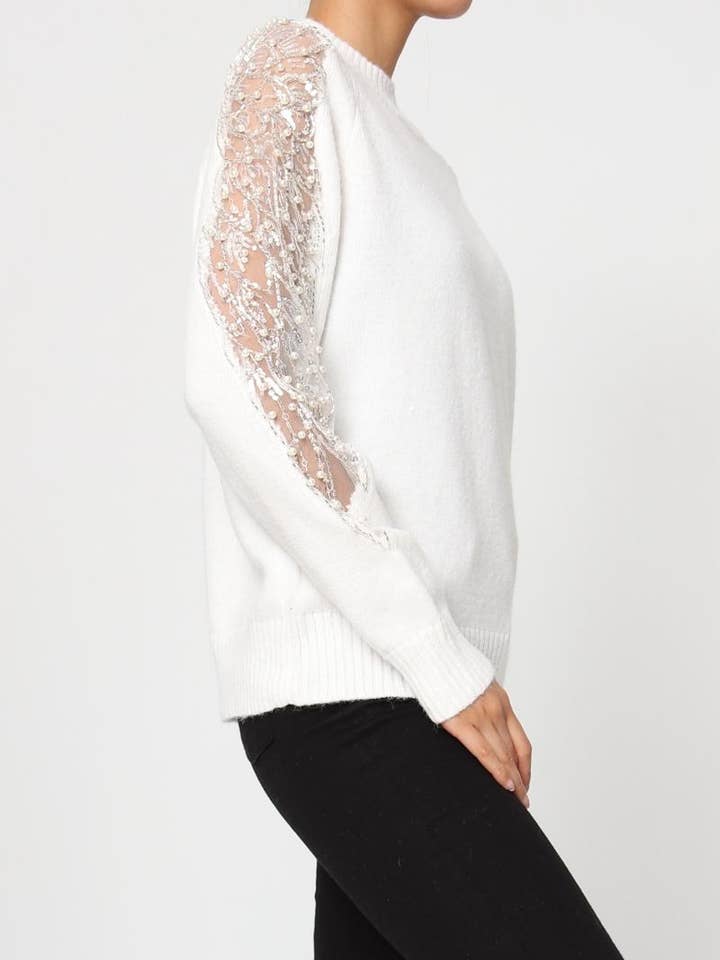 DIX-ONZE - Wholesale Knit Sweater - Women's - Soft Knit Sweater – Sequin & Pearl Details on Sleeves9