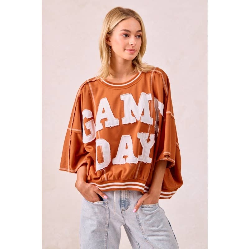 IVE - Wholesale Knit Top - Women's - Gameday Patchwork Stitch Detail French Terry Top1