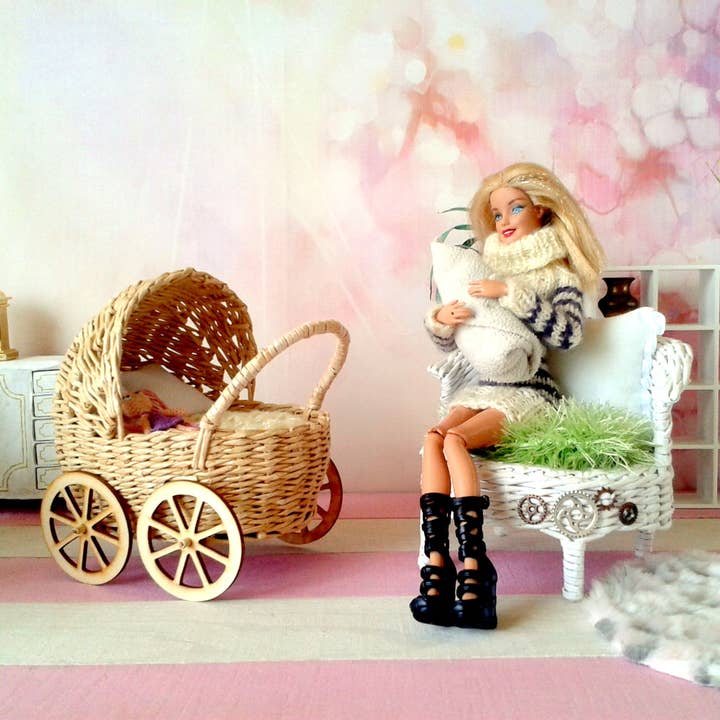 Lenasminiland - Wholesale Doll Accessory Kit - Kids - Miniature baby carriage, rattan look wicker doll stroller wi