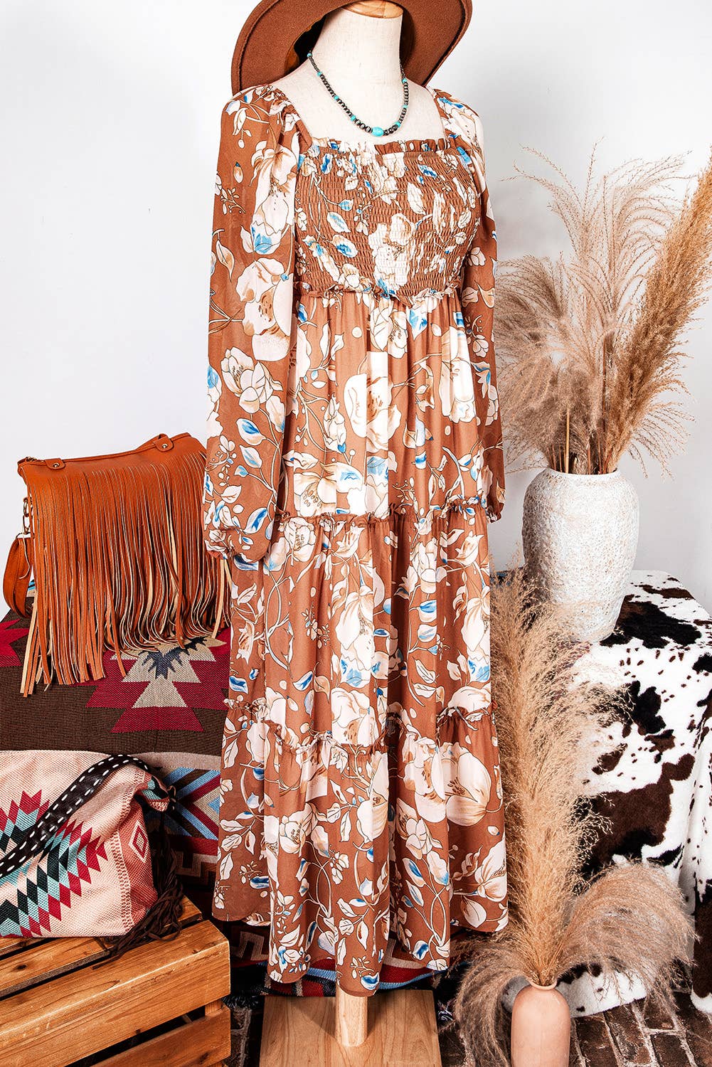 Brown Fashion-W Boho Floral Shirred High Waist Maxi Dress for wholesale on Faire4
