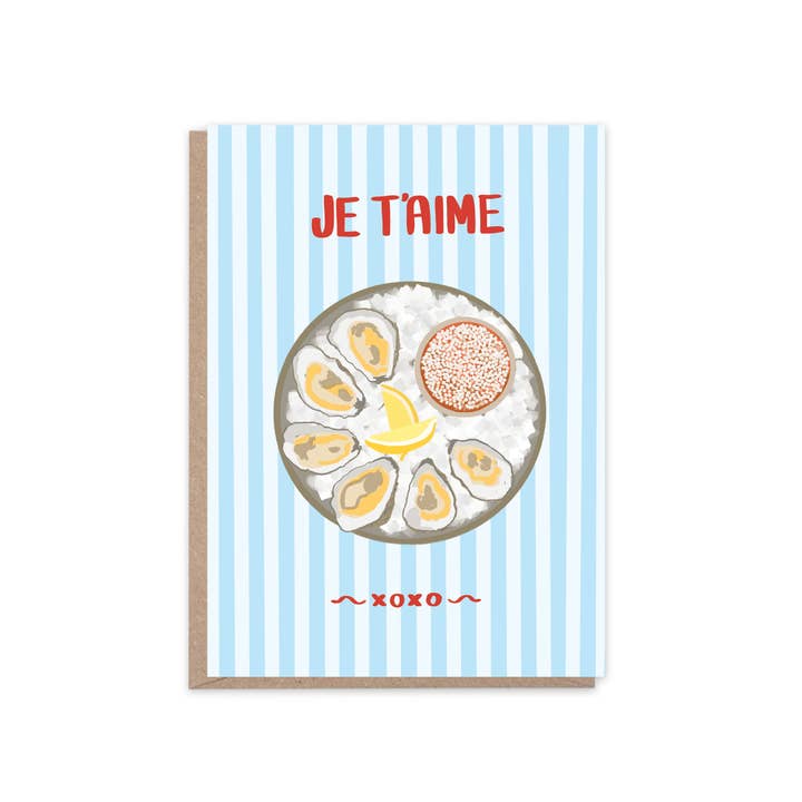 Oysters Je T'aime Greetings Card | Seafood Valentine's Card for wholesale by Places & Spaces Art Co.