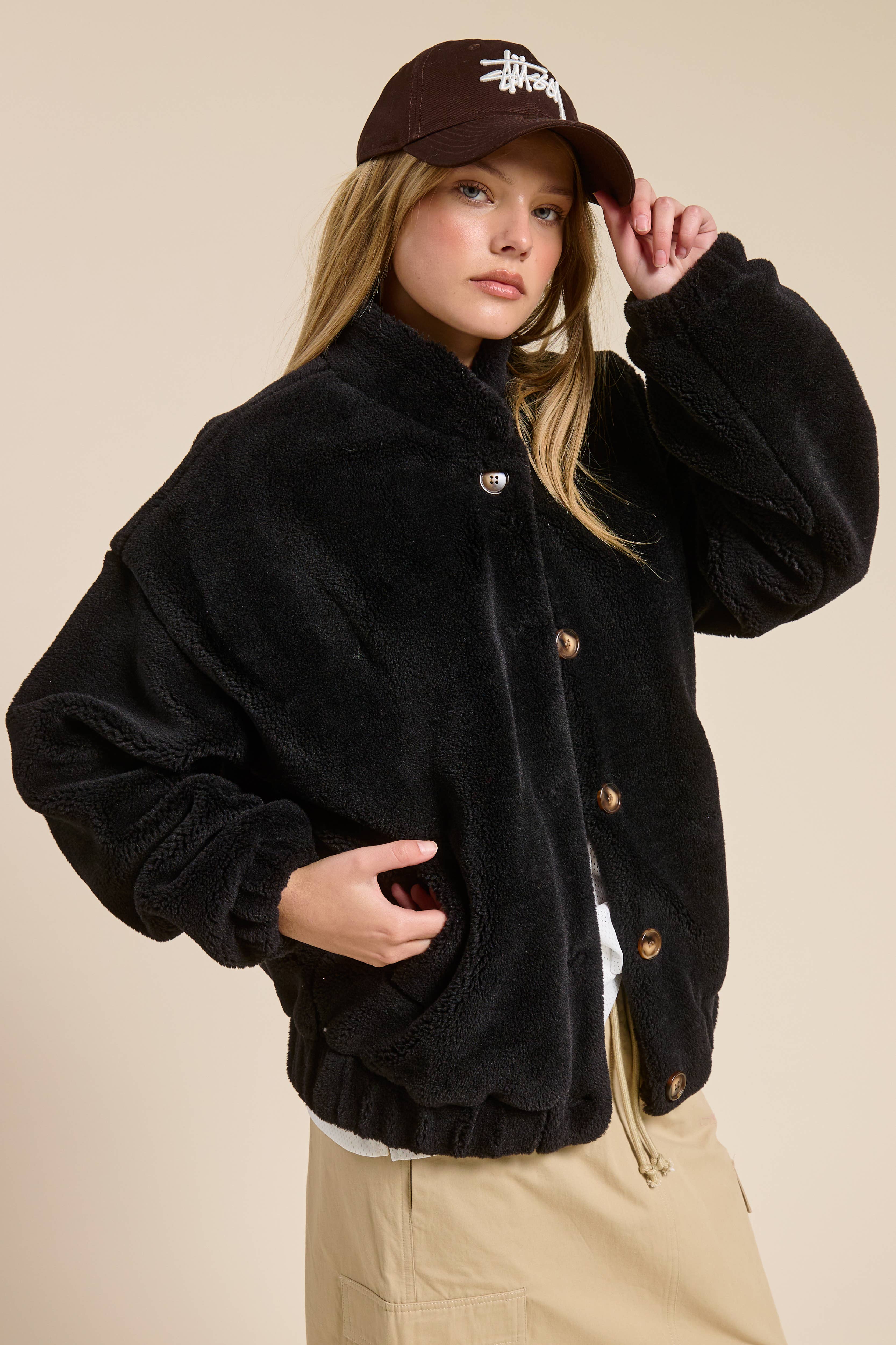 Mimosa - Vente Veste – femme - Veste surdimensionnée en sherpa peluche avec boutons