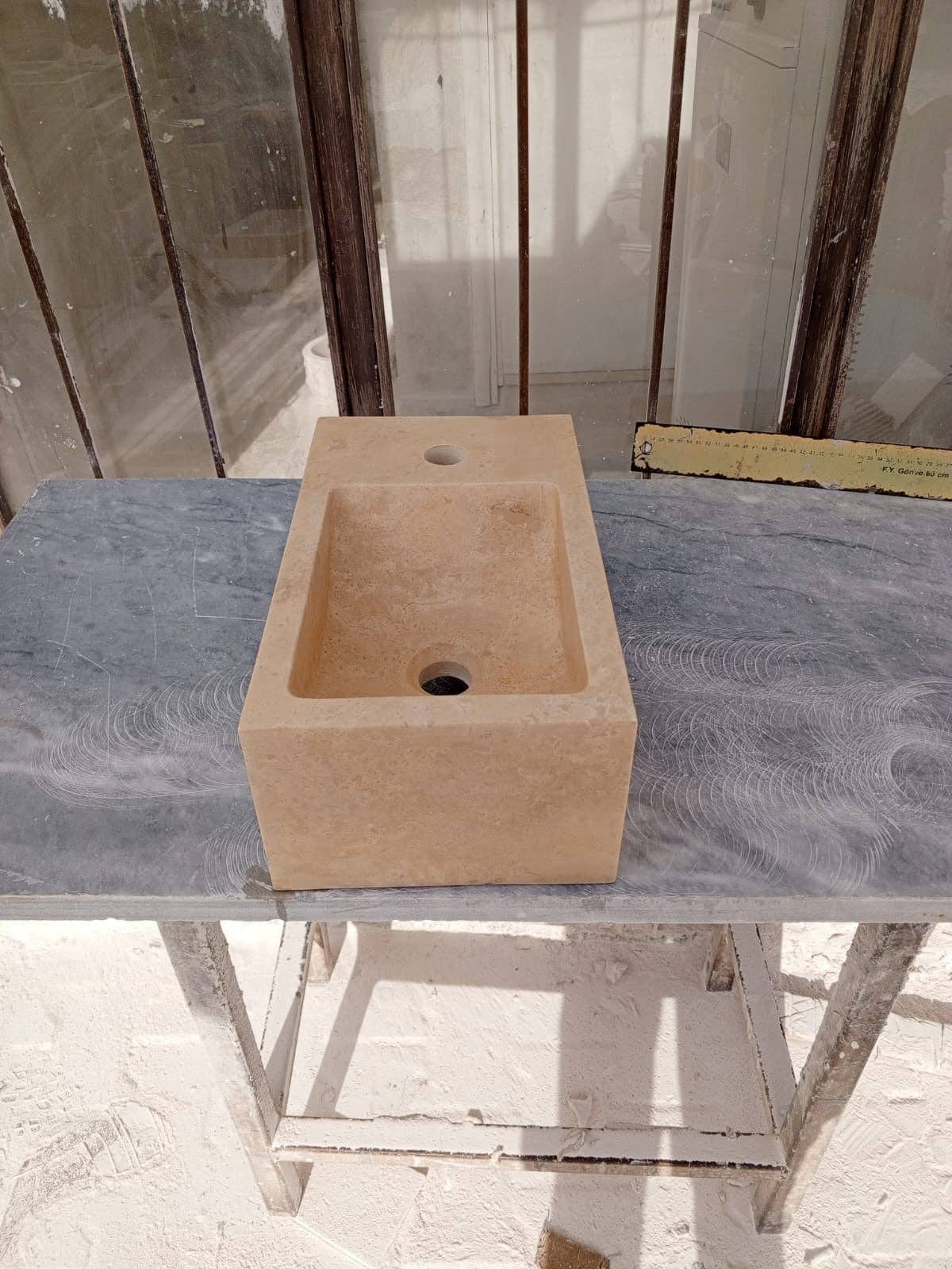 Arbon Marble - Wholesale Bathroom Accessory Set - Corner Wall Small Bathroom Sink, Travertine Marble Sink, Beige Stone Sink with Faucet Hole4