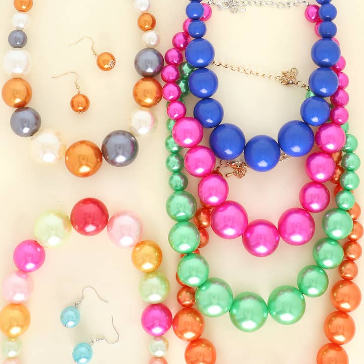 SP Sophia Collection - Wholesale Jewelry Set - Pearl Large Bead Statement Necklace Earring Set 1