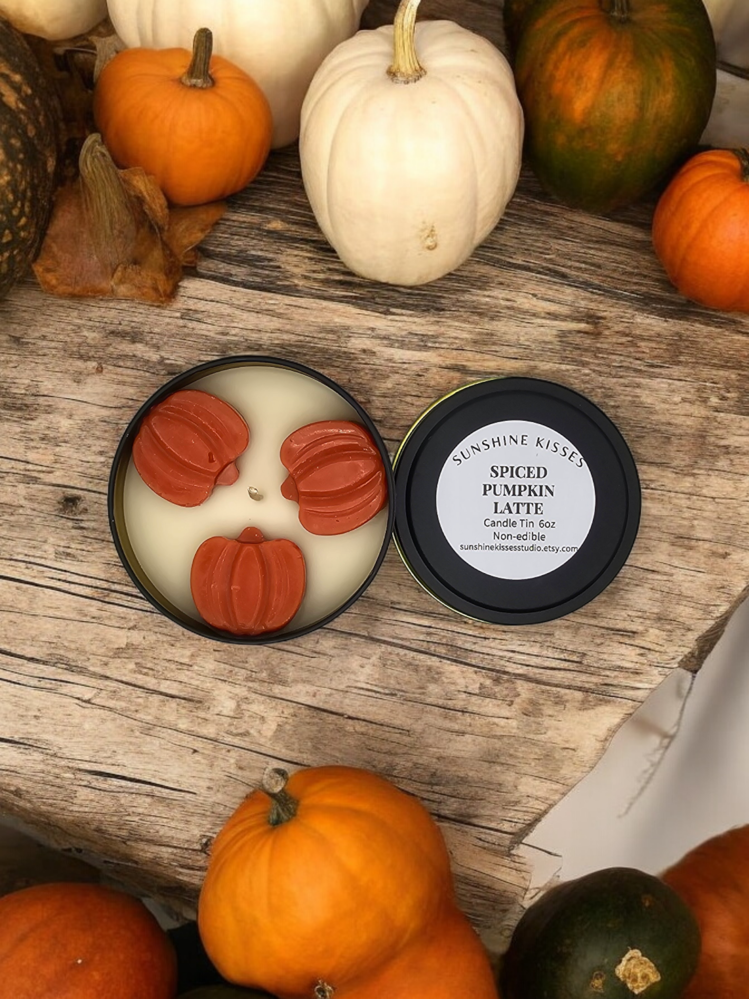 Sunshine Kisses Wax Studio LLC - Wholesale Travel Candles - Spiced Pumpkin Latte 6oz Candle Tin2