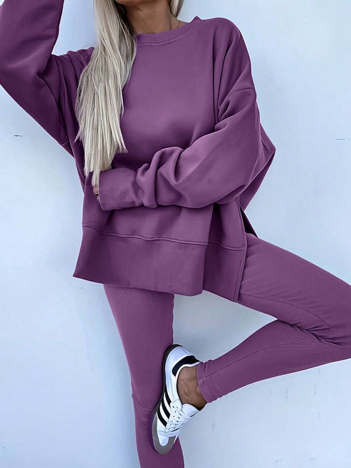 Suhkasana - Wholesale Lounge Set - Women's - Solid Oversize Slit Sweatshirt with Ribbed Leggings Set0