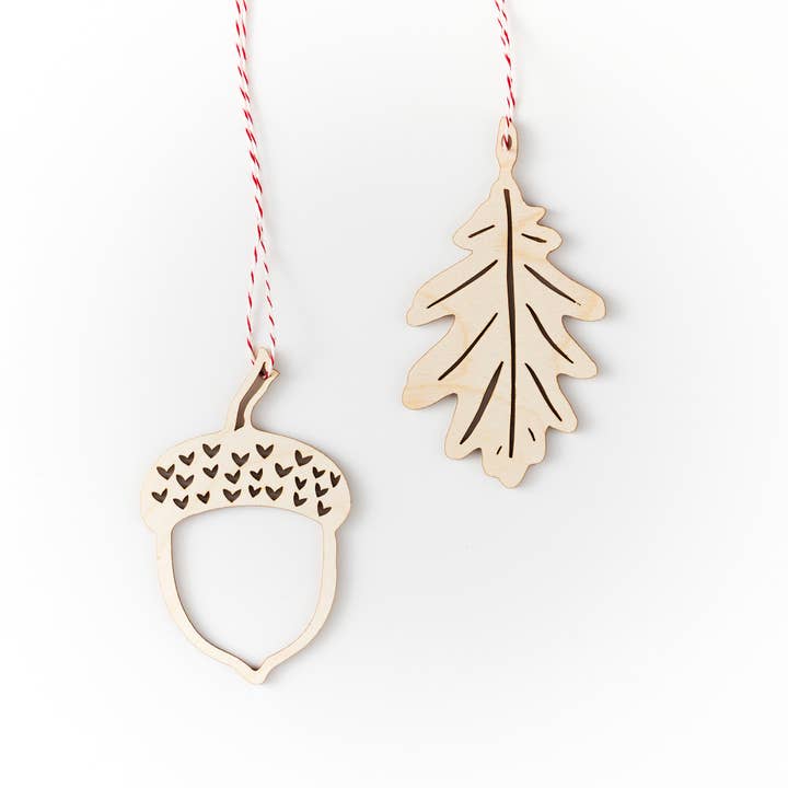 Leaf and Acorn Wooden Ornaments for wholesale by Light + Paper