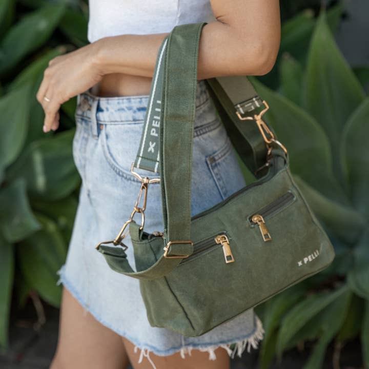 The Wanderer Waxed Canvas Crossbody Bag - Eucalyptus for wholesale by Pelli Bags