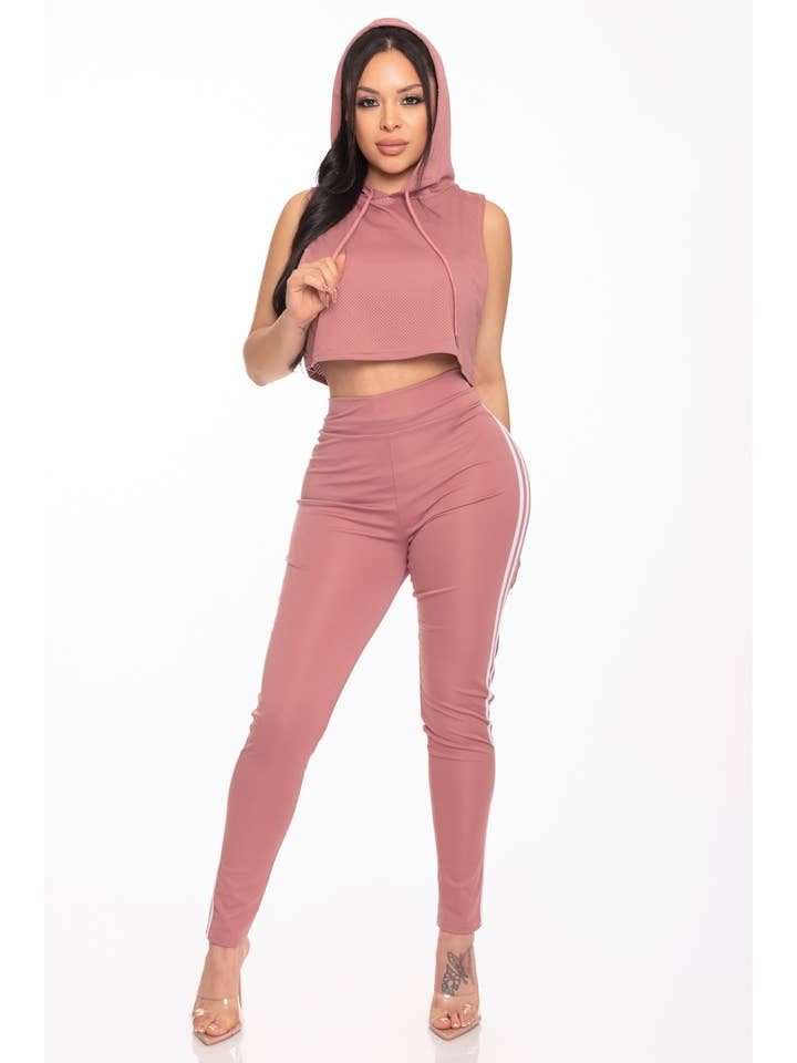 3-delige korte tanktop met hoodie en leggings, trainingsset voor wholesale door Lime All the Time