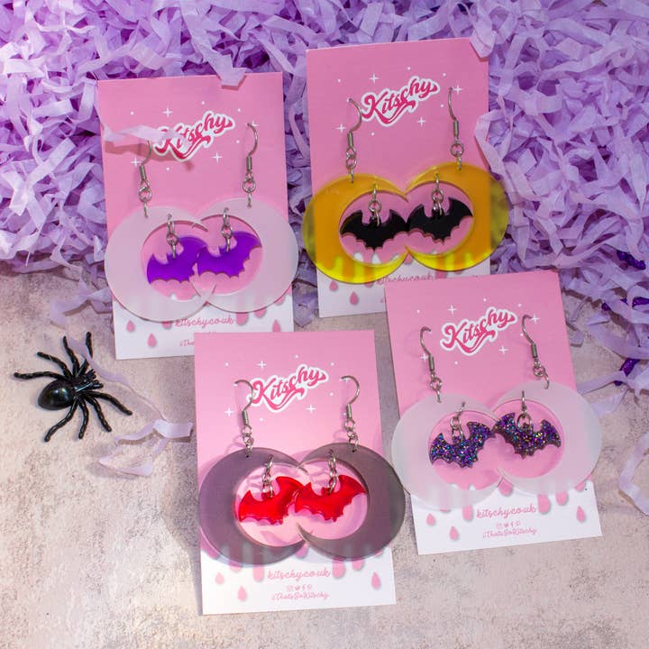Obsidian Moon Bat Earrings Laser Cut Acrylic for wholesale by Kitschy