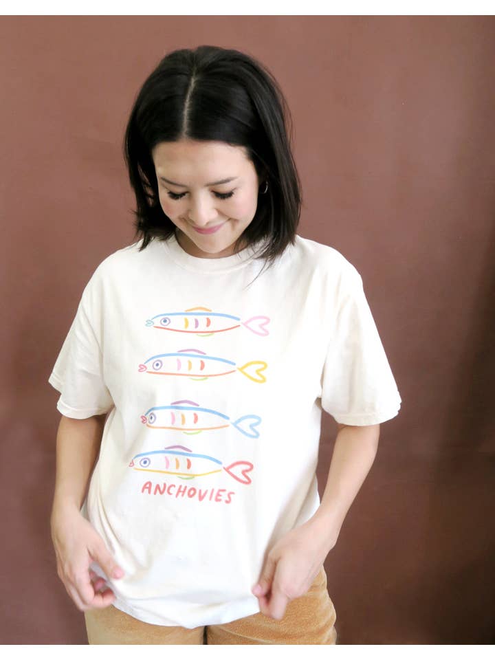 Joseph + Sue - Vendita all'ingrosso Maglietta serigrafata - Donna - Maglietta Acciughe, Tinta Vintage2